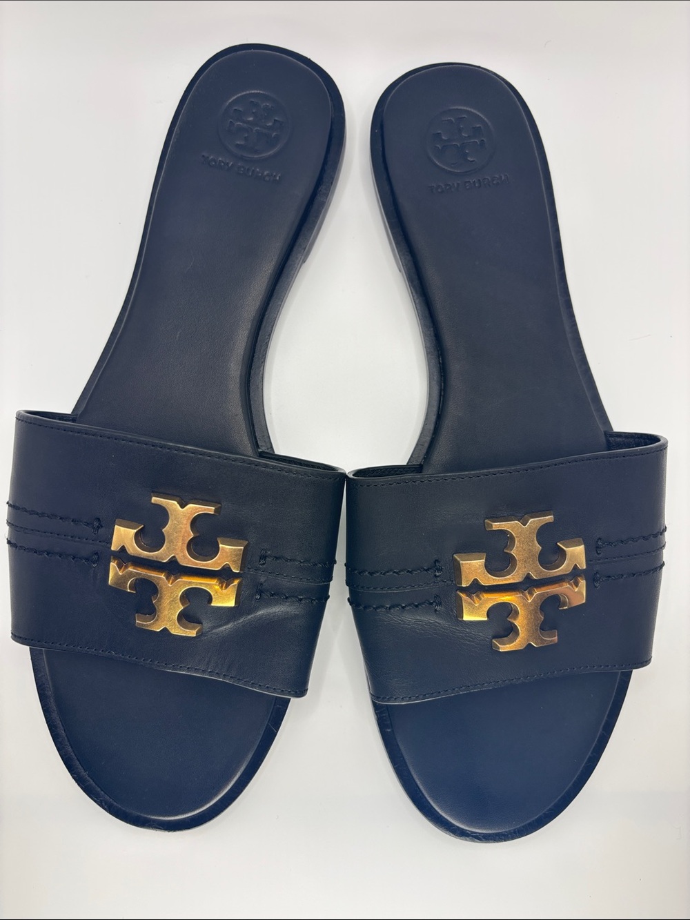 Tory Burch Black Leather Slide Sandals with Gold Logo - Picture 2 of 9